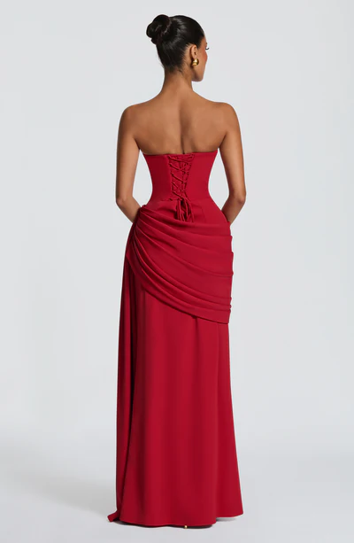 White / Red Strapless Cowl Neck Lace-Up Backless Draped Ruched Bodycon Mermaid Evening Maxi Dress