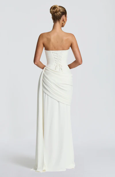 White / Red Strapless Cowl Neck Lace-Up Backless Draped Ruched Bodycon Mermaid Evening Maxi Dress