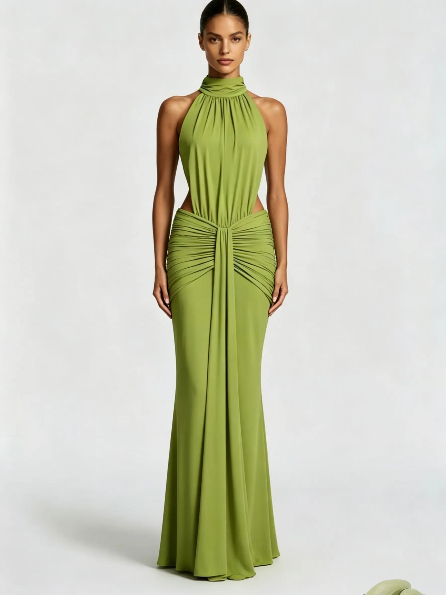 Halter Cutout Ruched Waist Mermaid Maxi Evening Dress