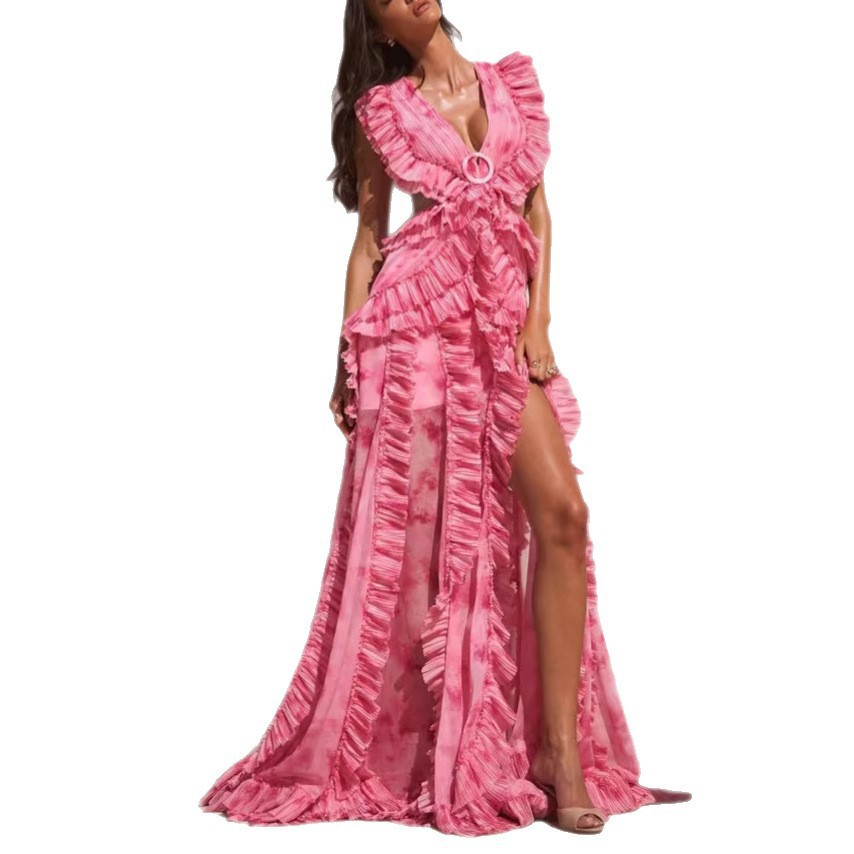 Pink Floral Ruffle Deep V Maxi Dress front view