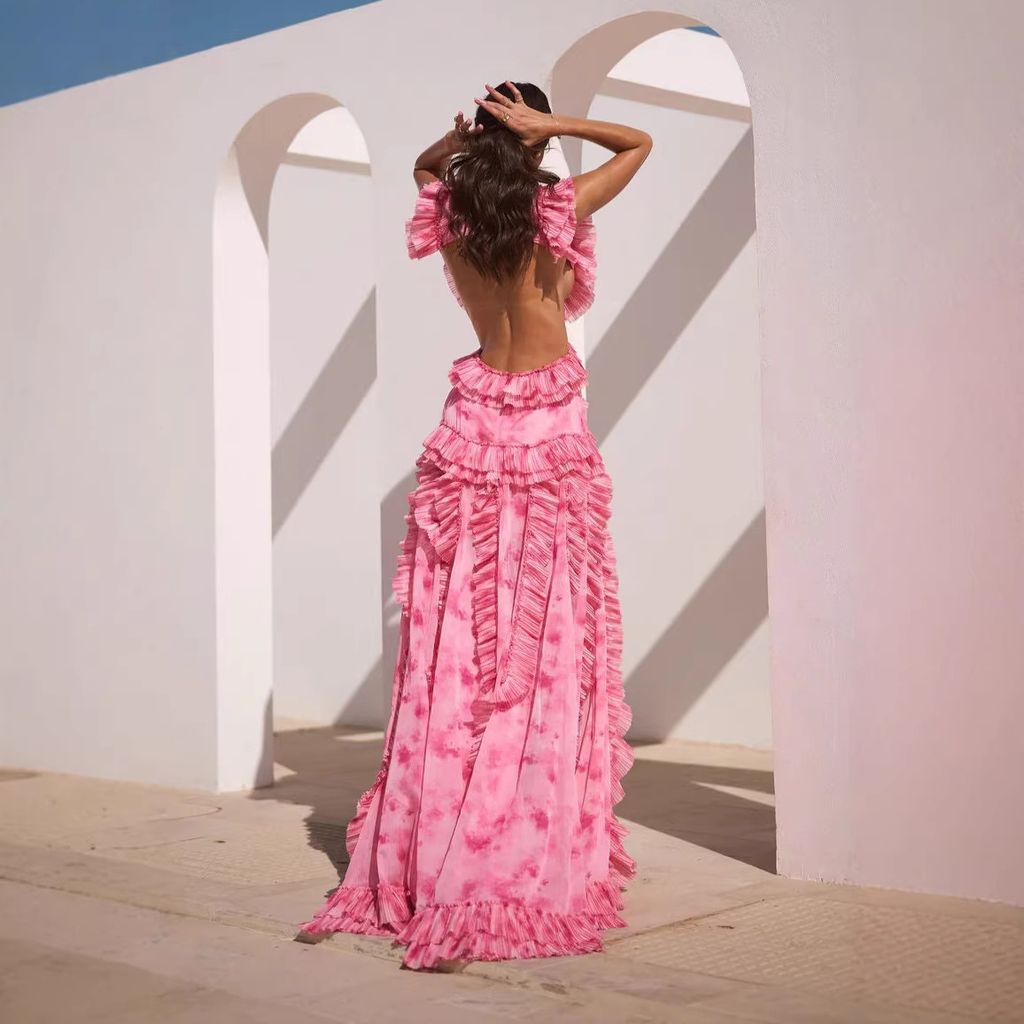 Pink Floral Ruffle Deep V Maxi Dress back view