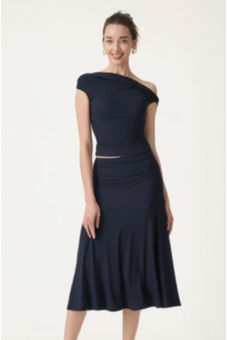 Navy Off-Shoulder Crop Top & A-Line Midi Skirt Set