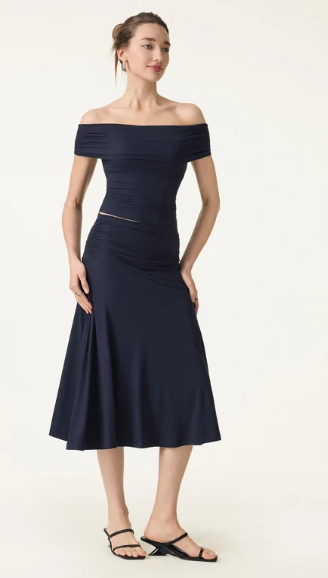 Navy Off-Shoulder Crop Top & A-Line Midi Skirt Set
