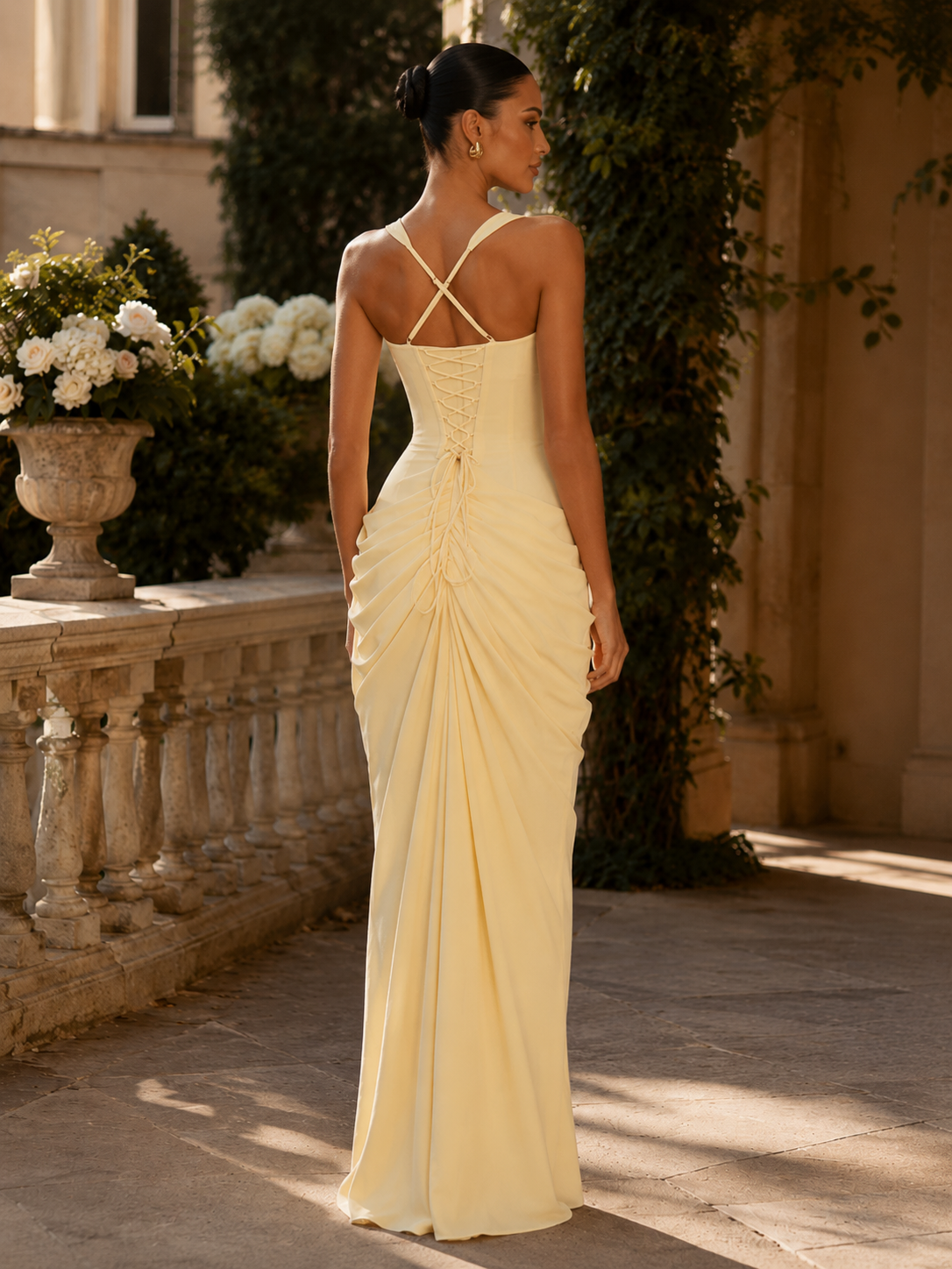 Corset Bodice High Slit Draped Gown