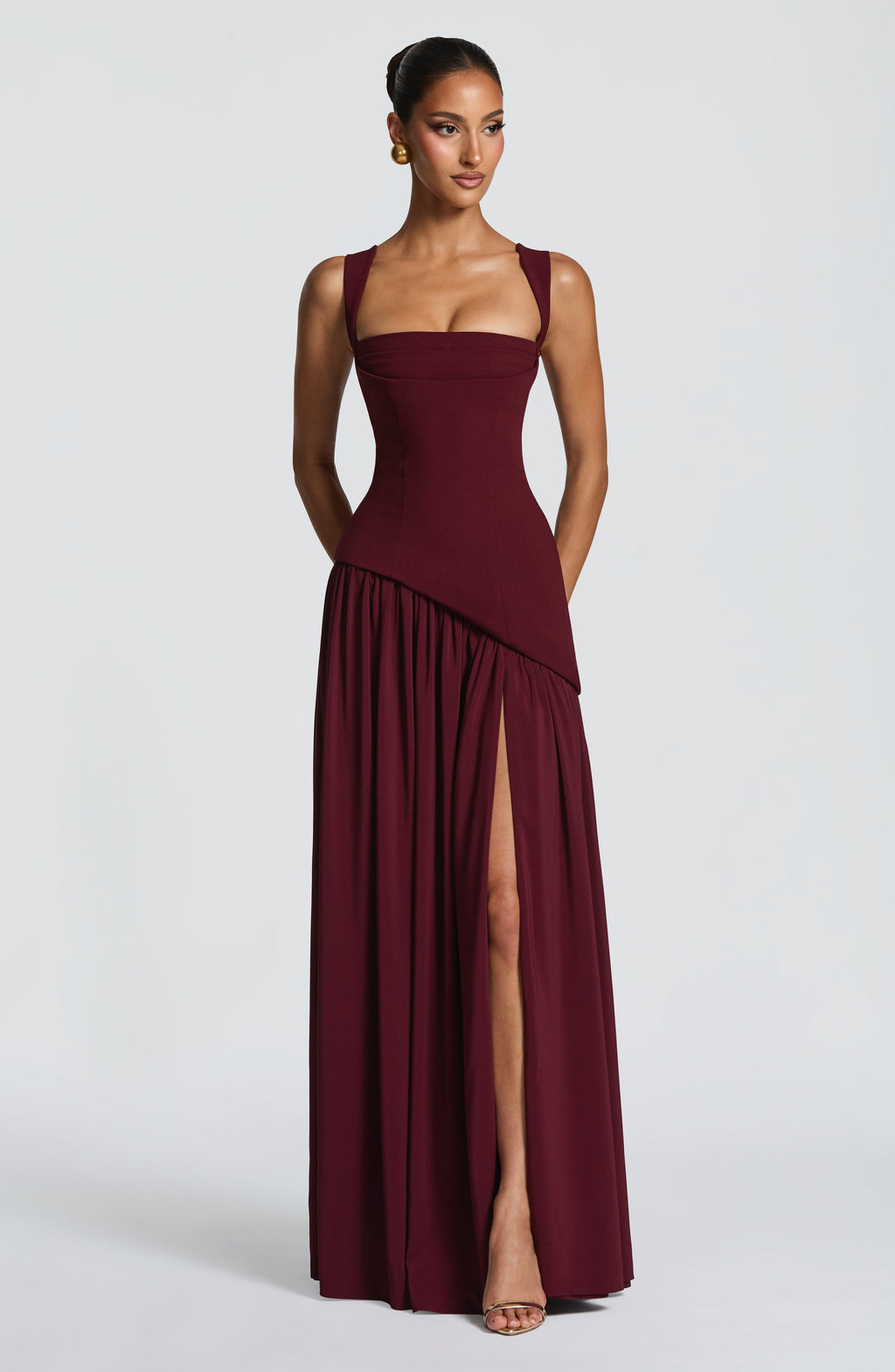 Elegant Burgundy Square Neck Backless Waist-Cinched Drapey Maxi Dress