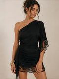 Black one-shoulder lace mini dress with ruched waist and lace hem