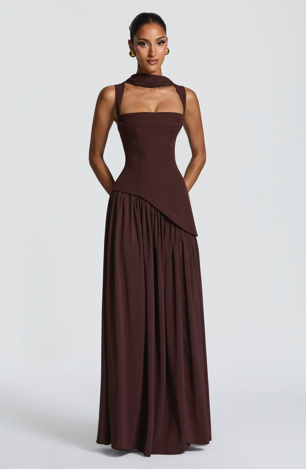 Elegant Burgundy Square Neck Backless Waist-Cinched Drapey Maxi Dress