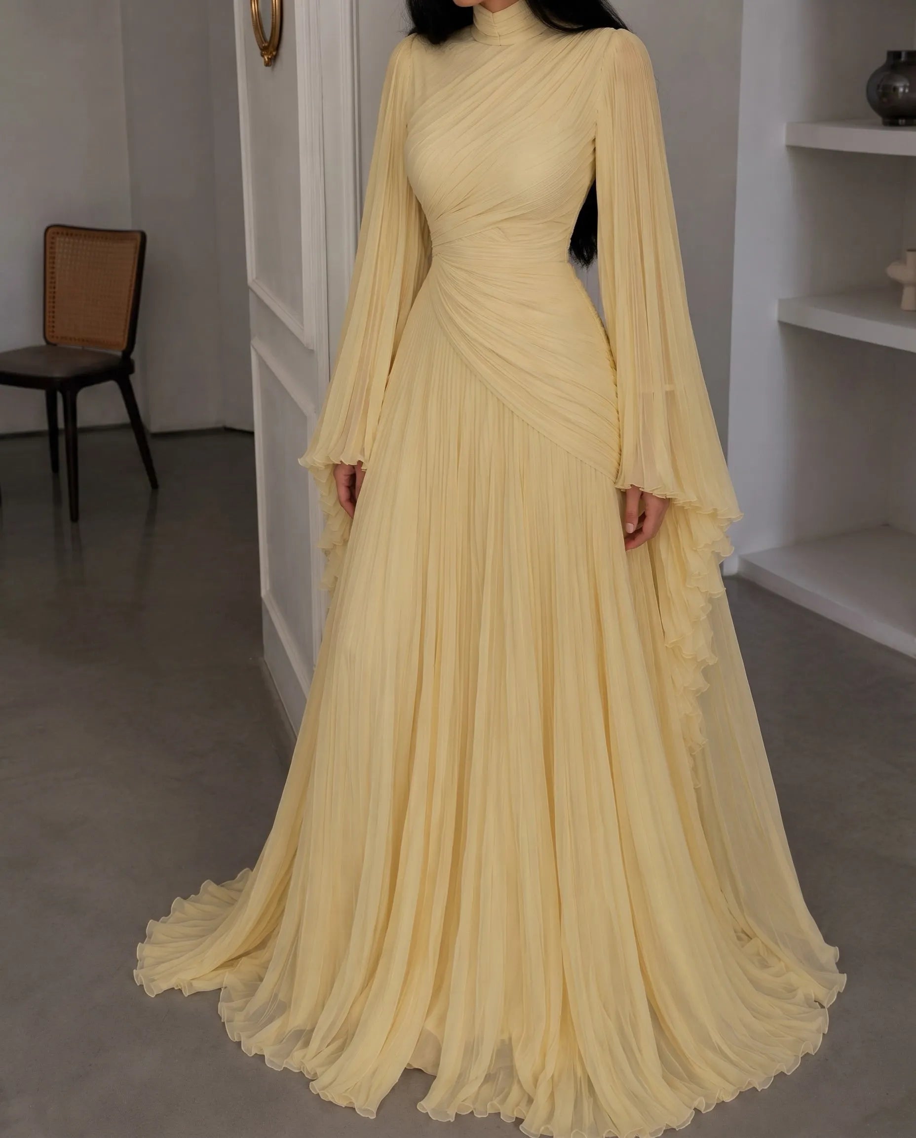 High Neck Ruched Pleated Balloon Sleeve Maxi Dress