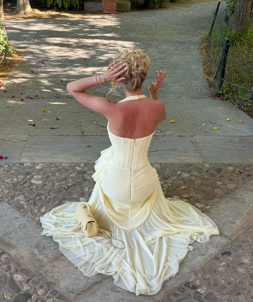 Halter Ruched Waist Tulle Mermaid Gown