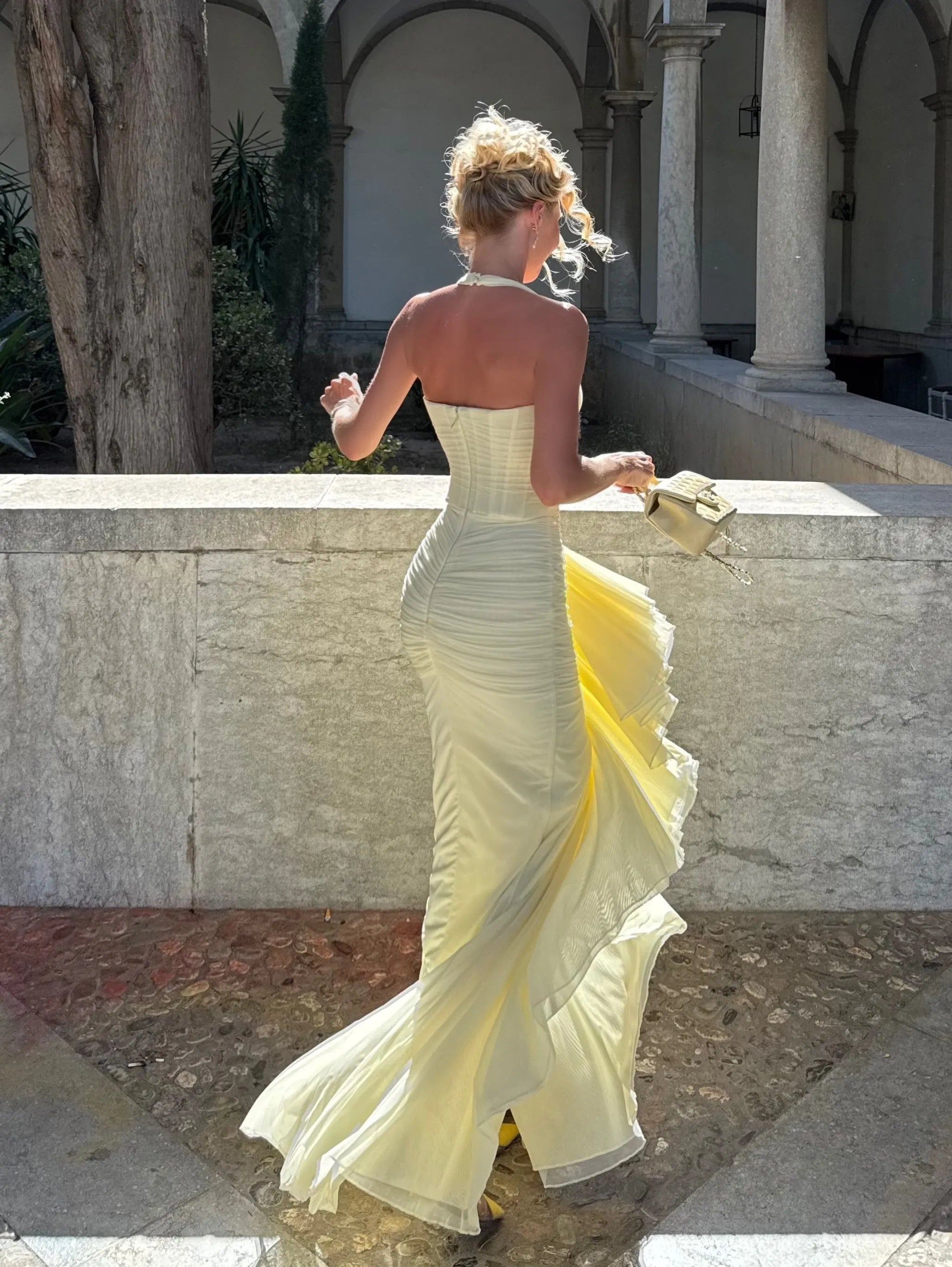 Halter Ruched Waist Tulle Mermaid Gown
