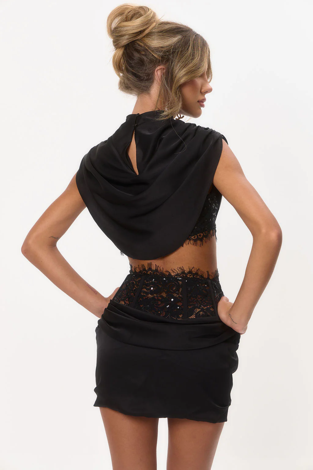 Satin & Lace High-Neck Two-Piece Set