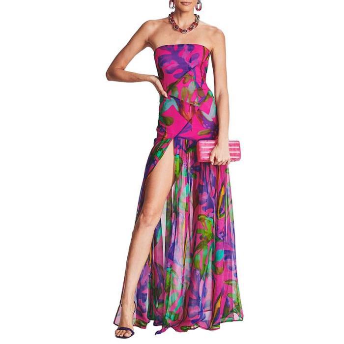 Strapless Pleated Fitted Dress with Slit