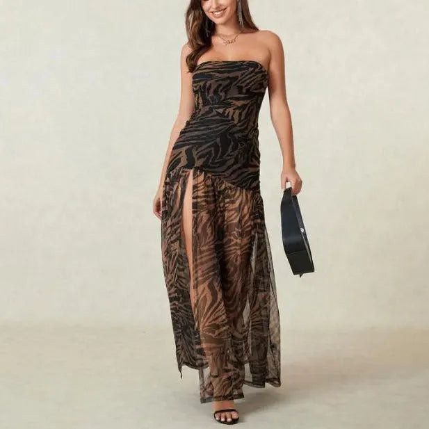 Strapless Pleated Fitted Dress with Slit