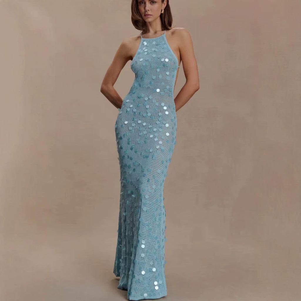Sky Blue Halter Neck Crochet Sequin Mermaid Maxi Dress