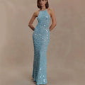 Sky Blue Halter Neck Crochet Sequin Mermaid Maxi Dress