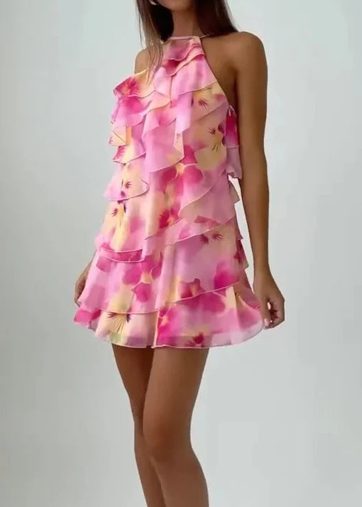 Pink Floral Halter Ruffled Chiffon Party Dress