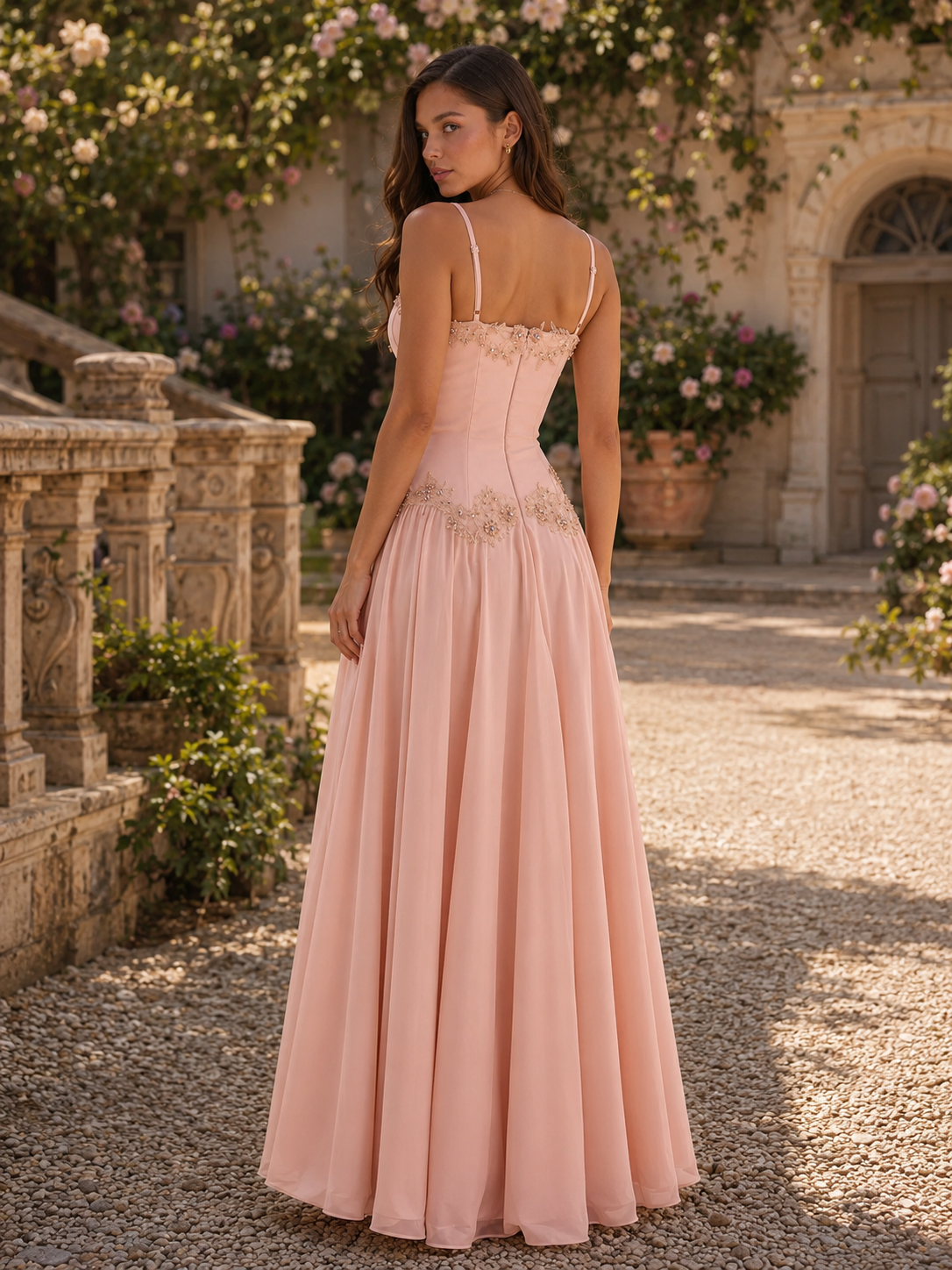 Lace Trim Beaded Slit Cami Maxi Prom Dress
