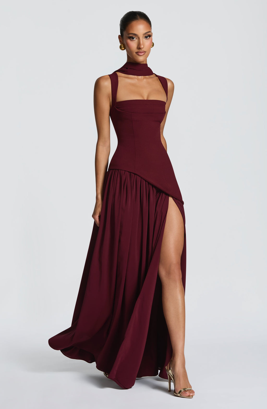Elegant Burgundy Square Neck Backless Waist-Cinched Drapey Maxi Dress