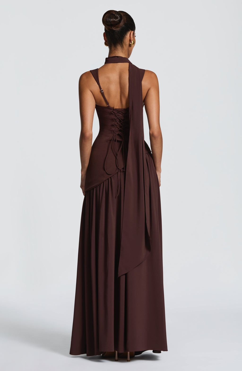Elegant Burgundy Square Neck Backless Waist-Cinched Drapey Maxi Dress