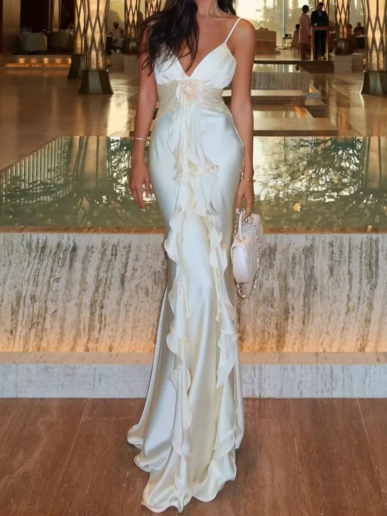 Spaghetti Strap Satin Gown With Rosette Detail