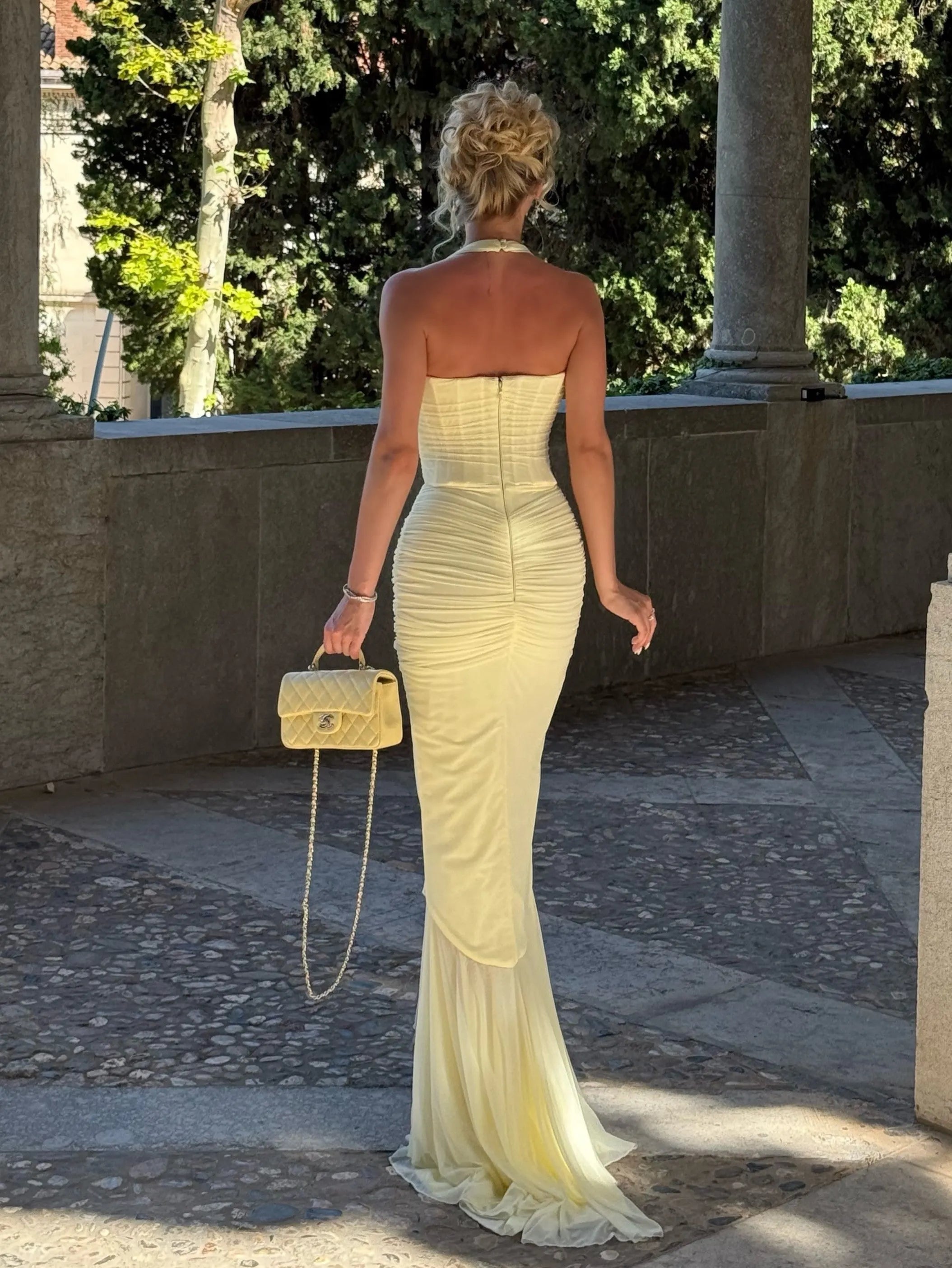 Halter Ruched Waist Tulle Mermaid Gown