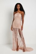 Blush Sequin Fringe Halter Dress - White Wall