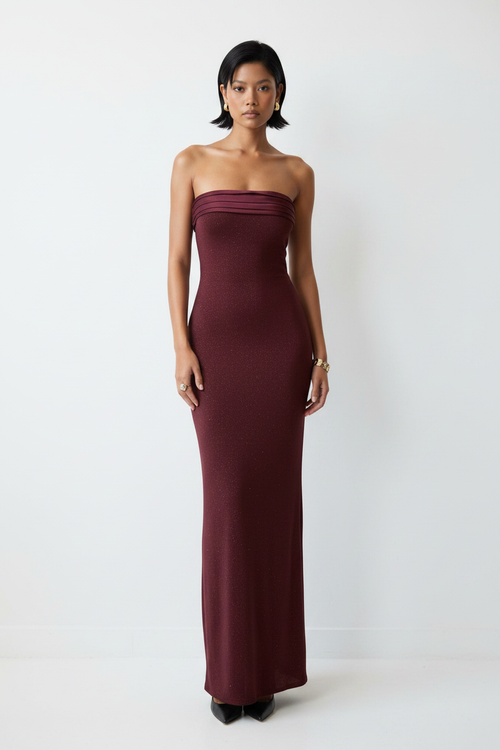 Burgundy Strapless Sparkle Column Gown - White Wall