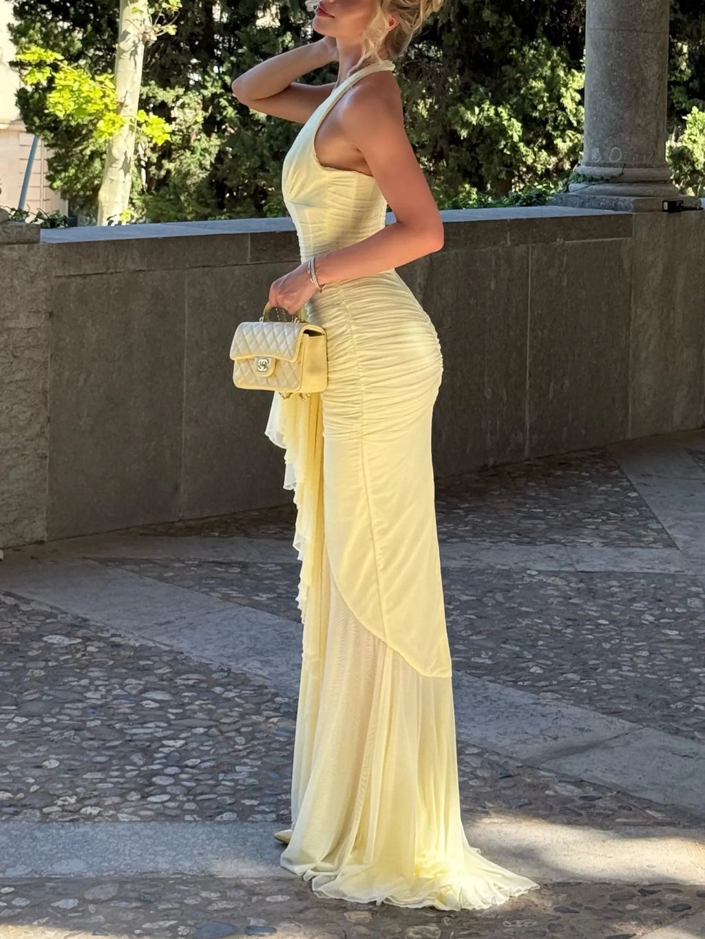 Halter Ruched Waist Tulle Mermaid Gown