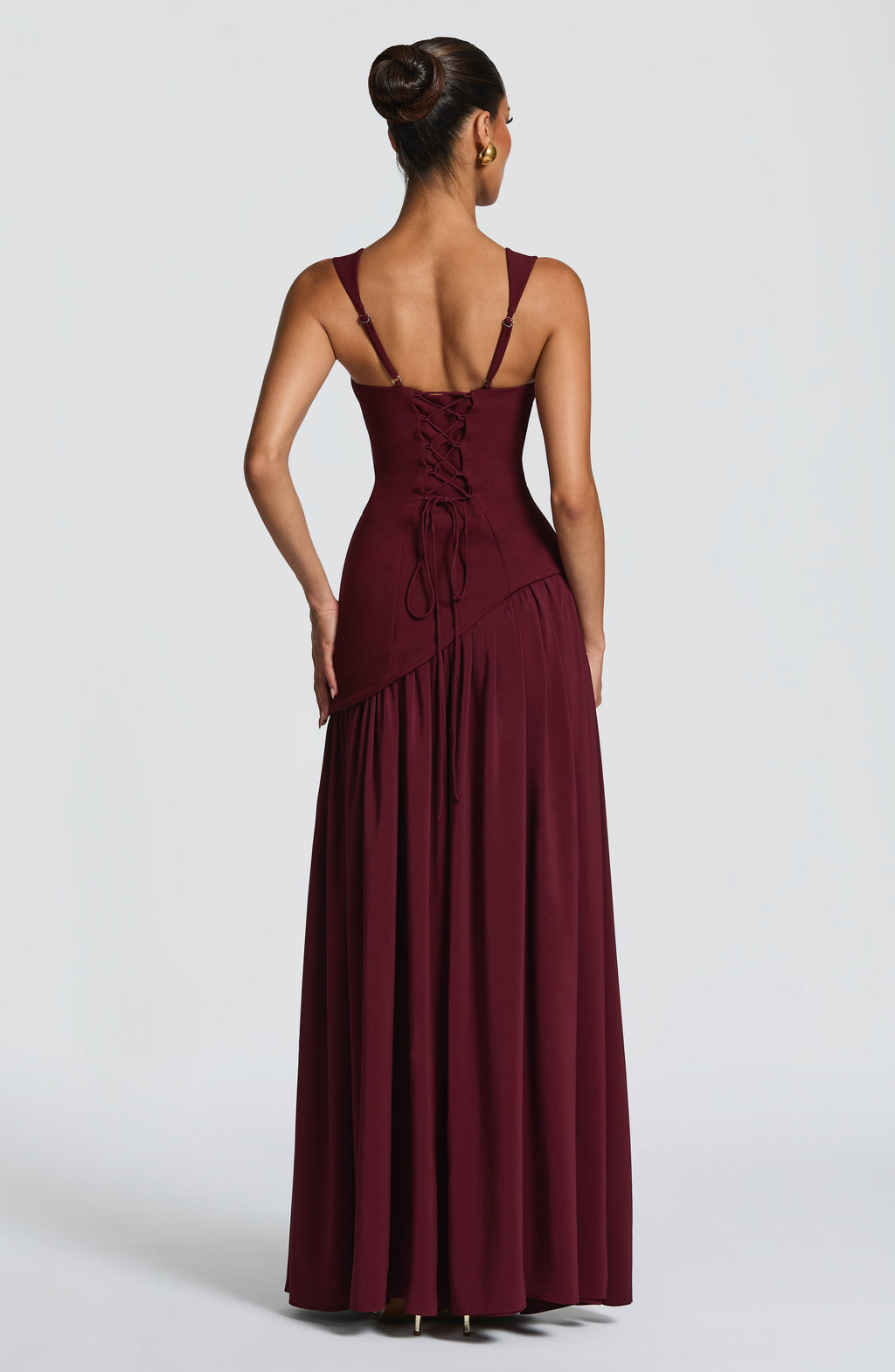 Elegant Burgundy Square Neck Backless Waist-Cinched Drapey Maxi Dress