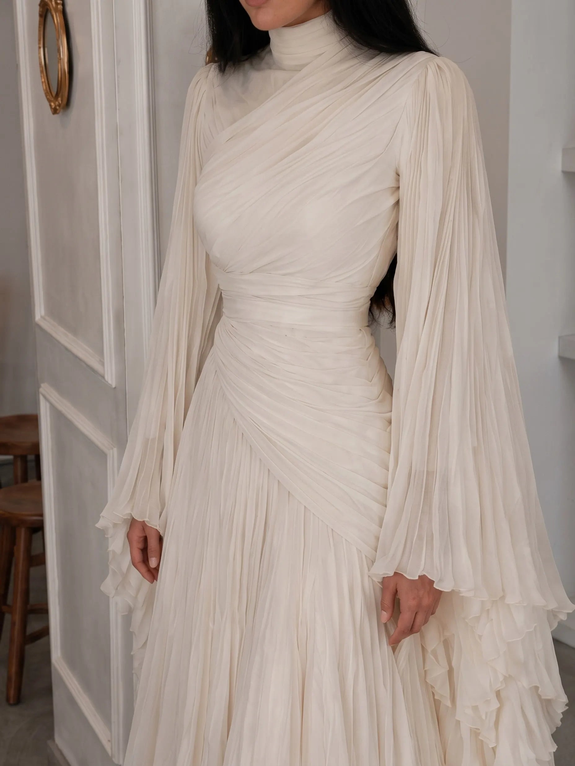 High Neck Ruched Pleated Balloon Sleeve Maxi Dress