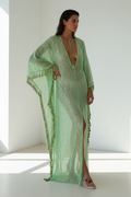 Deep V Sequin Fringe Kaftan Maxi Dress - White Wall