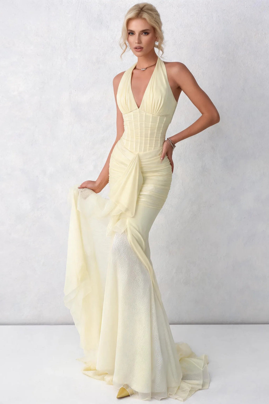 Halter Ruched Waist Tulle Mermaid Gown
