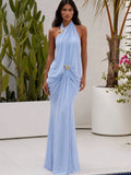 Sky Blue Halter Draped Chiffon Maxi Gown With Gold Butterfly Ornaments, Open Back High Slit Luxury Vacation Dress
