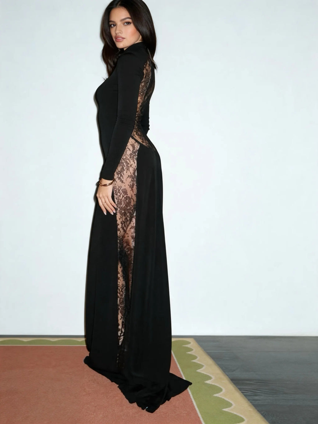 Black High Neck Lace Sheer Backless Trailing Maxi Gown