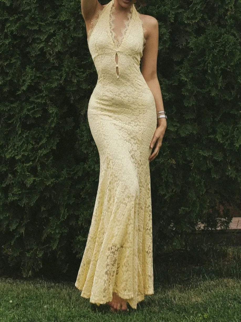 Pale Yellow Halter Lace Cutout Maxi Dress