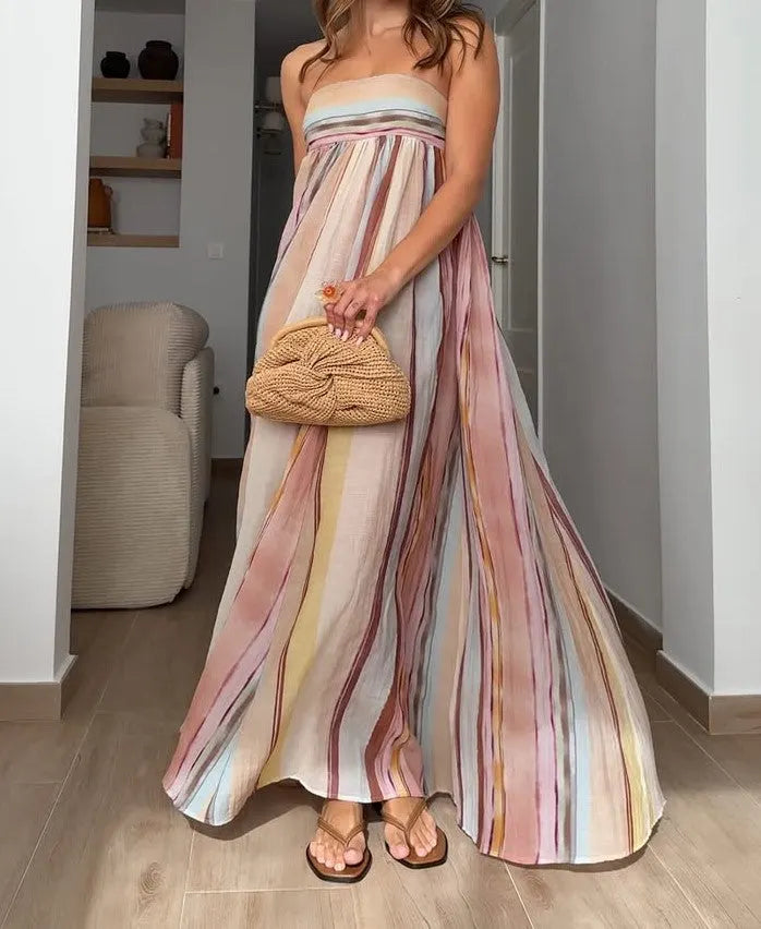 Strapless Colorful Stripe Maxi Dress