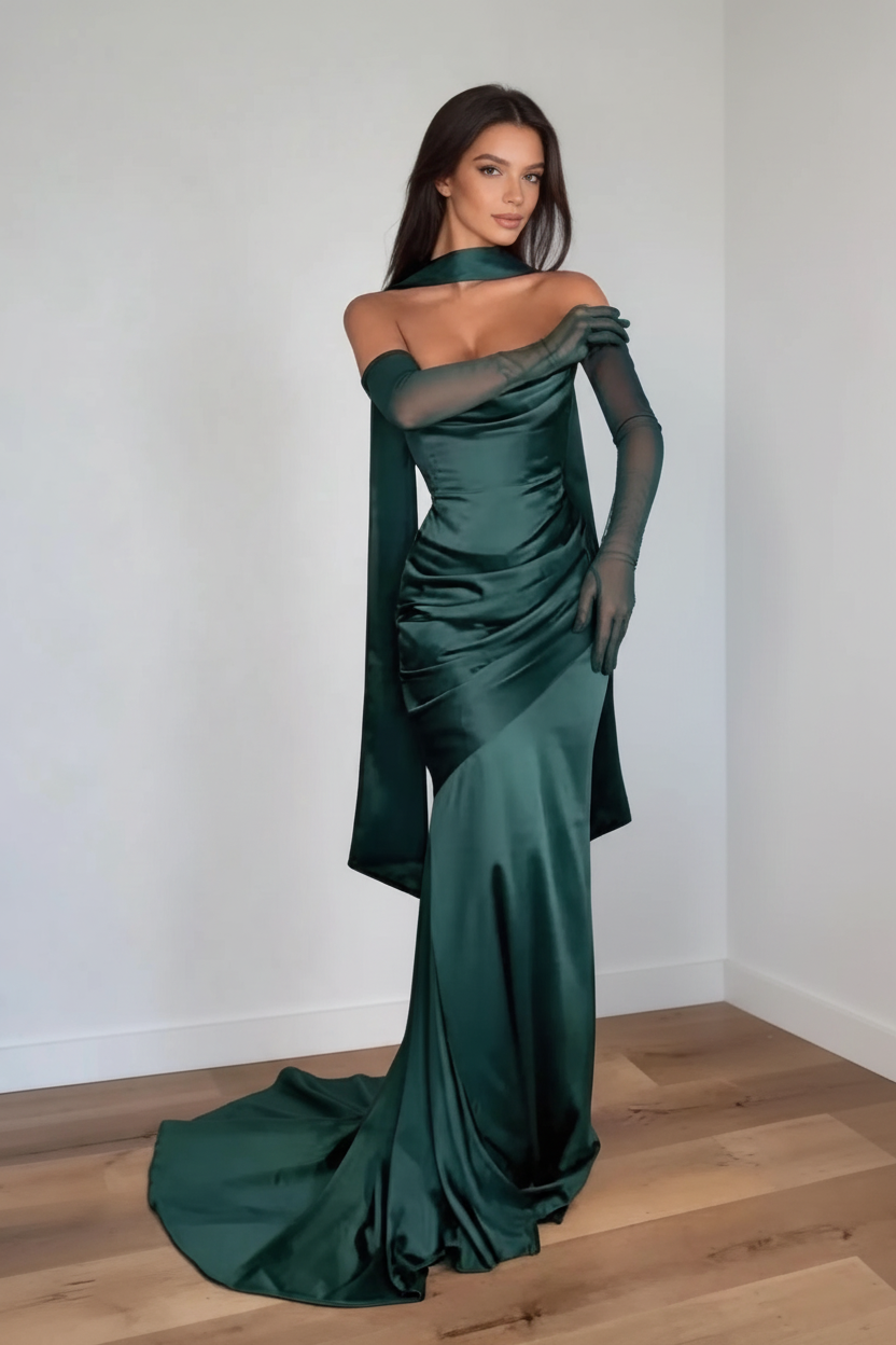 Emerald Green Satin Mermaid Gown with Gloves - White Wall