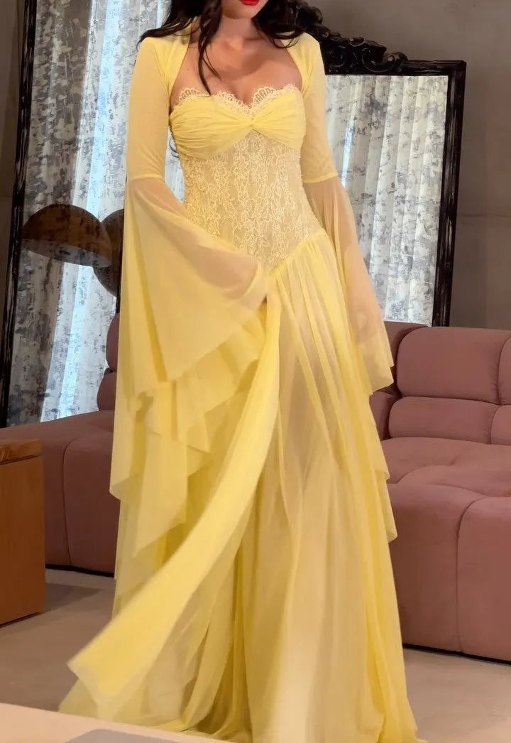Corset Bodice Chiffon Cape Sleeve Maxi Dress
