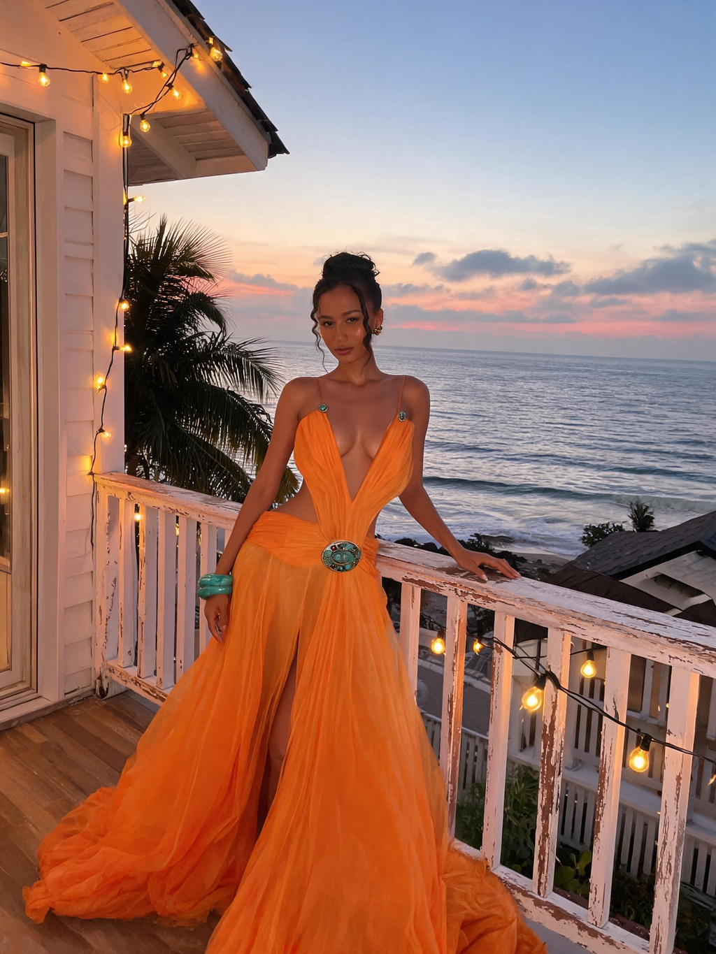 Orange Halter Deep V Neck Backless Waist Gem-Embellished Chiffon Train Vacation Maxi Dress