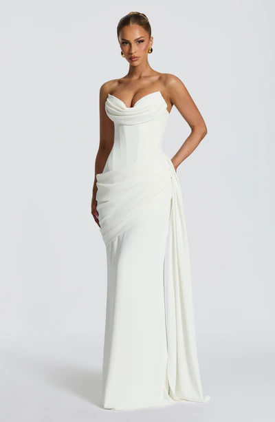 White / Red Strapless Cowl Neck Lace-Up Backless Draped Ruched Bodycon Mermaid Evening Maxi Dress