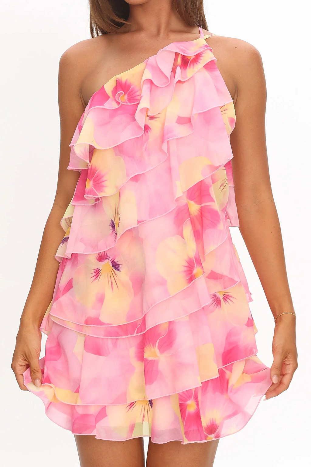Pink Floral Halter Ruffled Chiffon Party Dress
