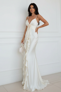 Ivory Satin Ruffle Mermaid Gown - White Wall