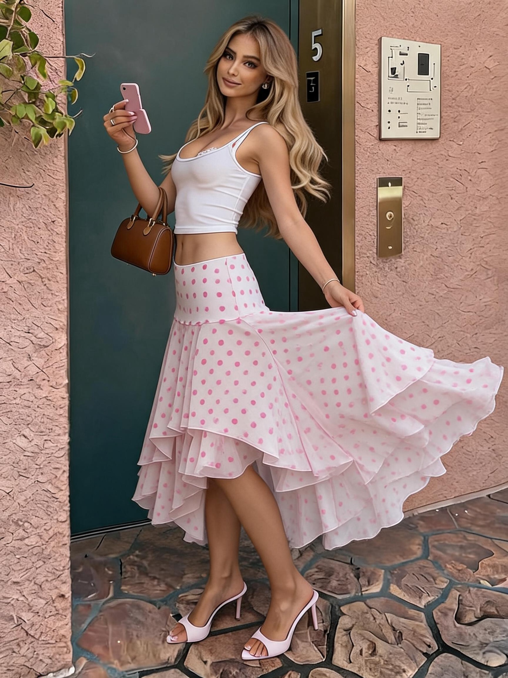 Pink Polka Dot Ruffle Layered Midi Skirt