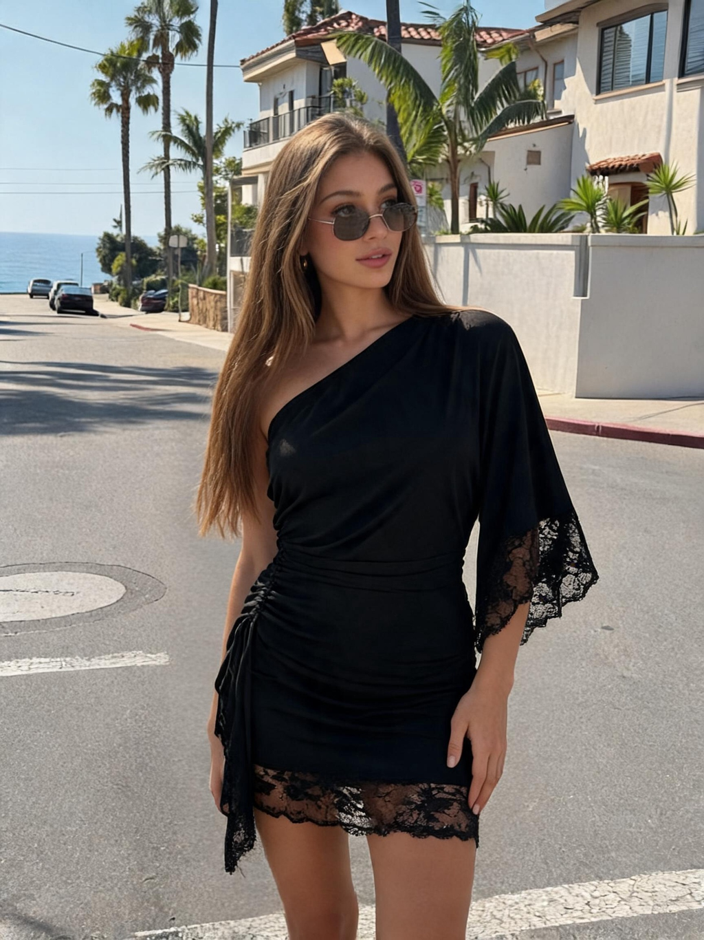 Black One-Shoulder Lace Mini Dress