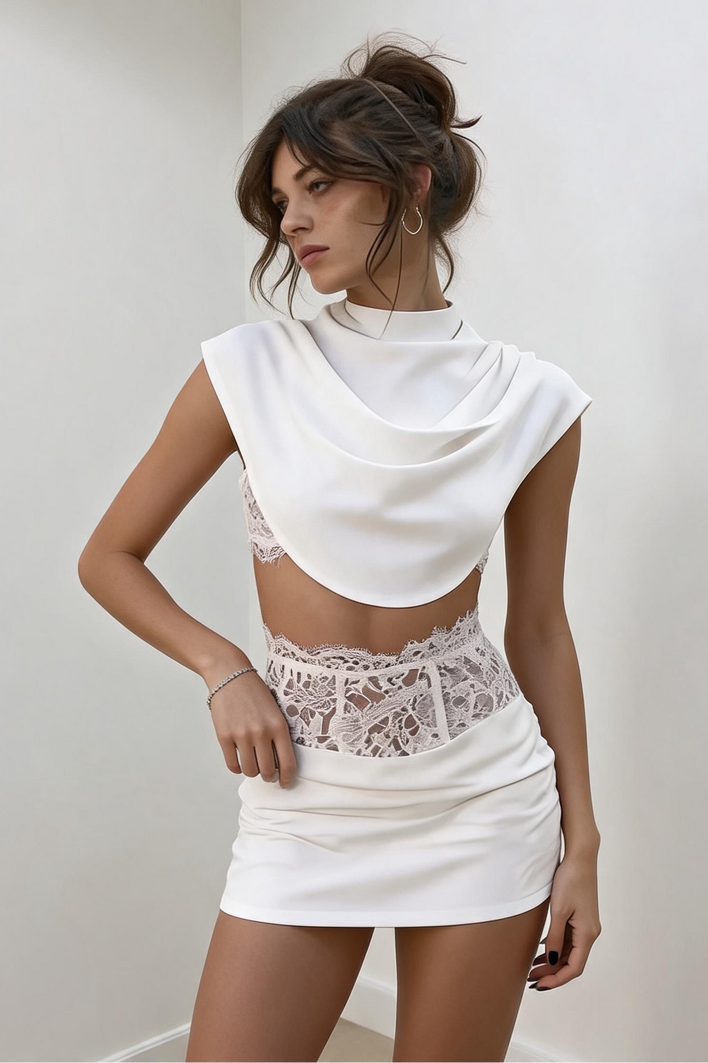 Chiffon & Lace High-Neck Two-Piece Set