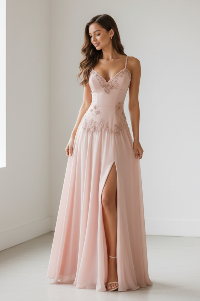 Lace Trim Beaded Slit Cami Maxi Prom Dress - Indoor White Wall