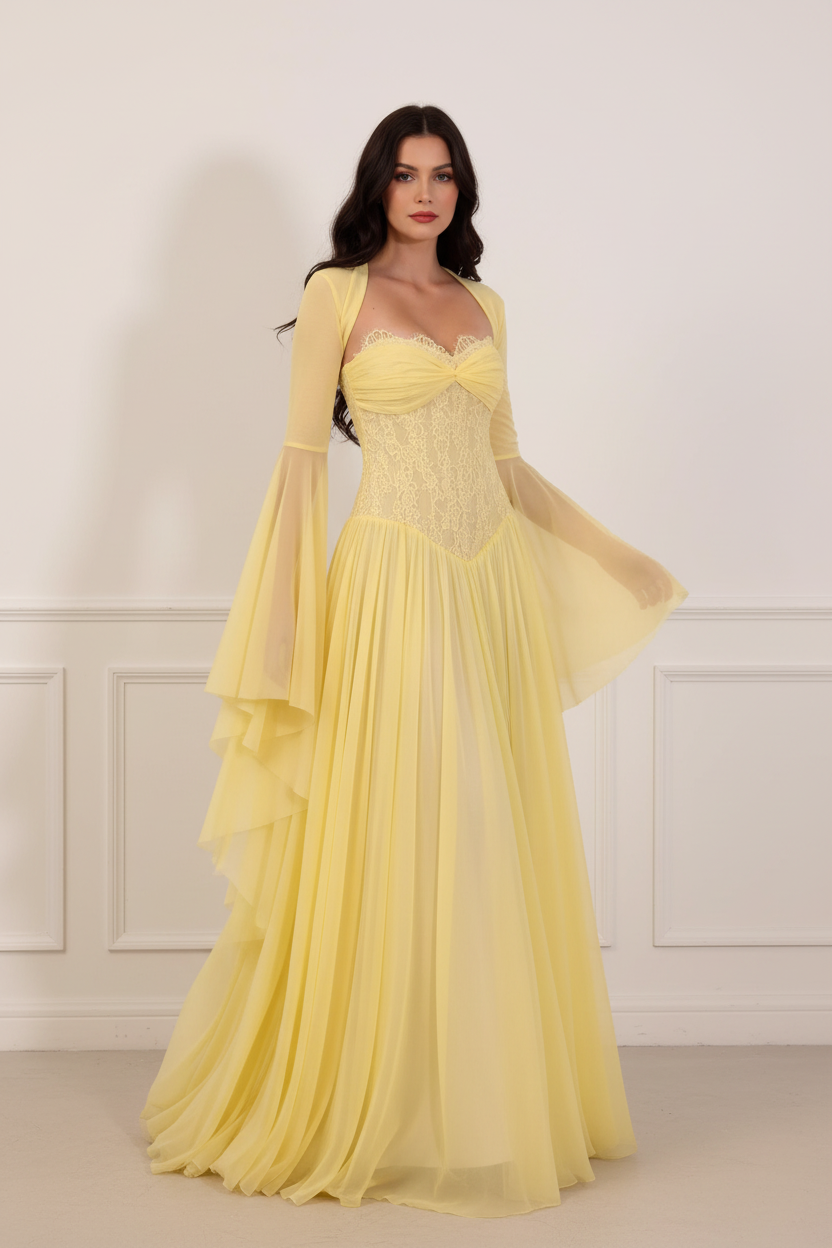 Lemon Yellow Lace Corset Cape Sleeve Gown - White Wall
