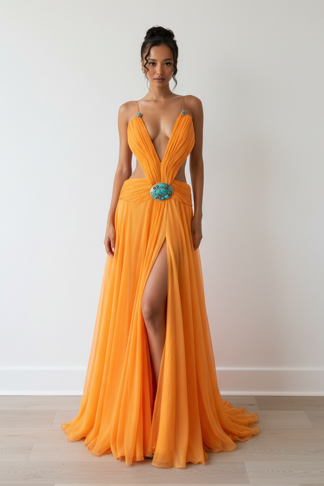 Orange Deep V Maxi Dress - Clean Background