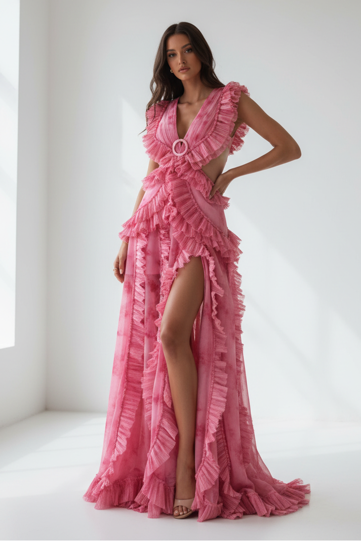 Pink Ruffle Maxi - White Wall