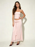 Blush Pink Strapless Top & Bow Maxi Skirt Set